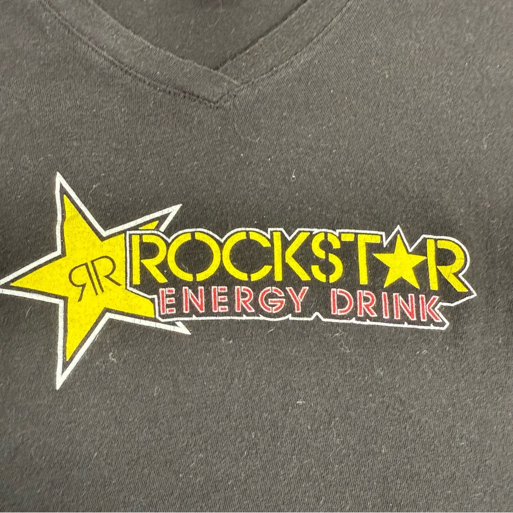 Rockstar Energy Womans Sz LG Black Graphic Print Short Sleeve T Shirt V Neck Y2K - Picture 6 of 9